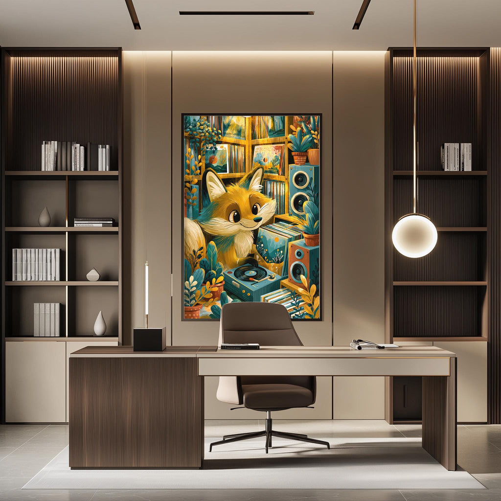 a modern office space with a large framed painting of a fox on the wall, surrounded by various bookshelves and a desk with a chair.