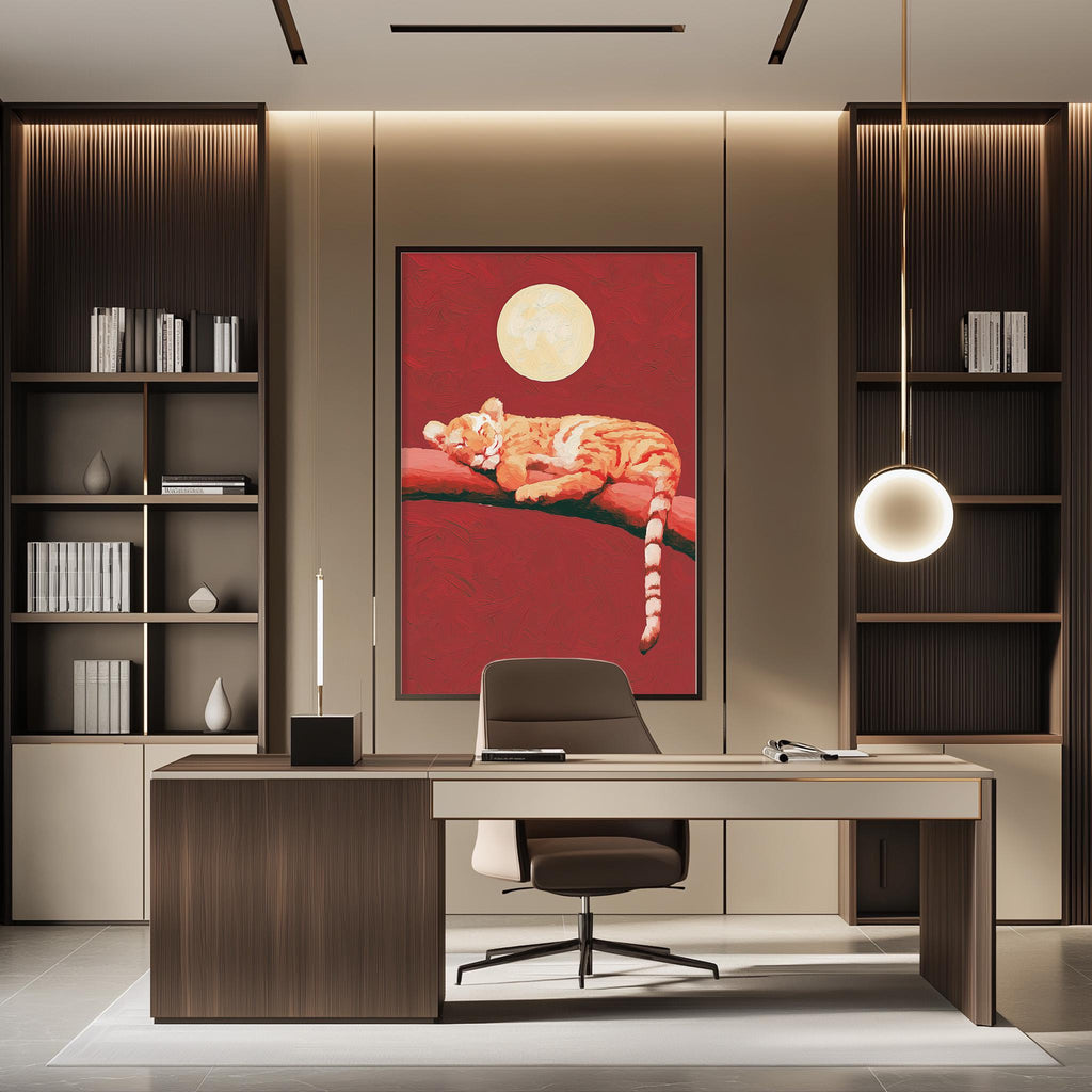 a modern office space with a large painting of a tiger resting on a branch on the wall. The office features a wooden desk, a comfortable chair, and a bookshelf filled with books. The overall design and decor create a professional and stylish atmosphere.