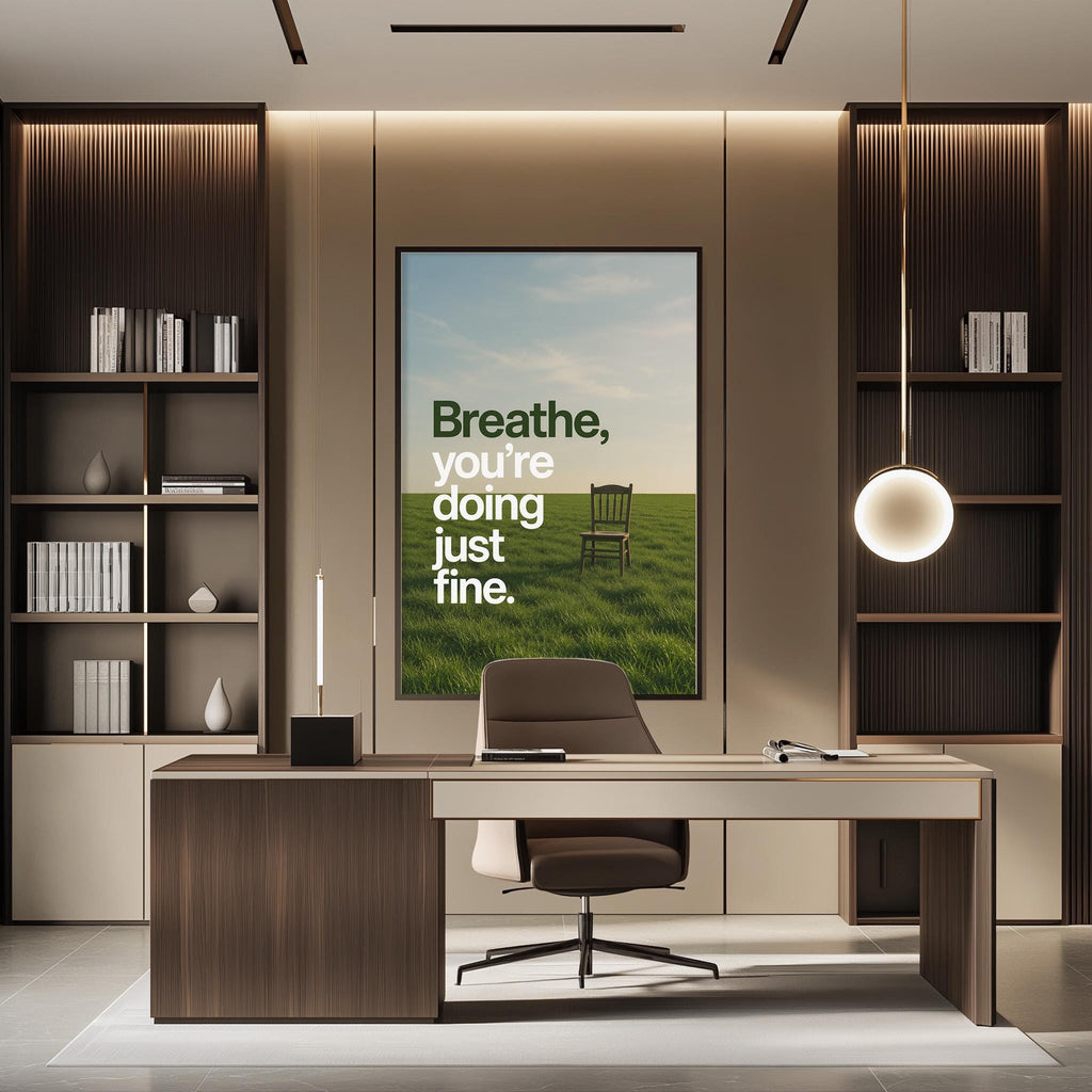 a modern office space with a desk, chair, and bookshelves. A large poster on the wall displays the text "Breathe, you're doing just fine."