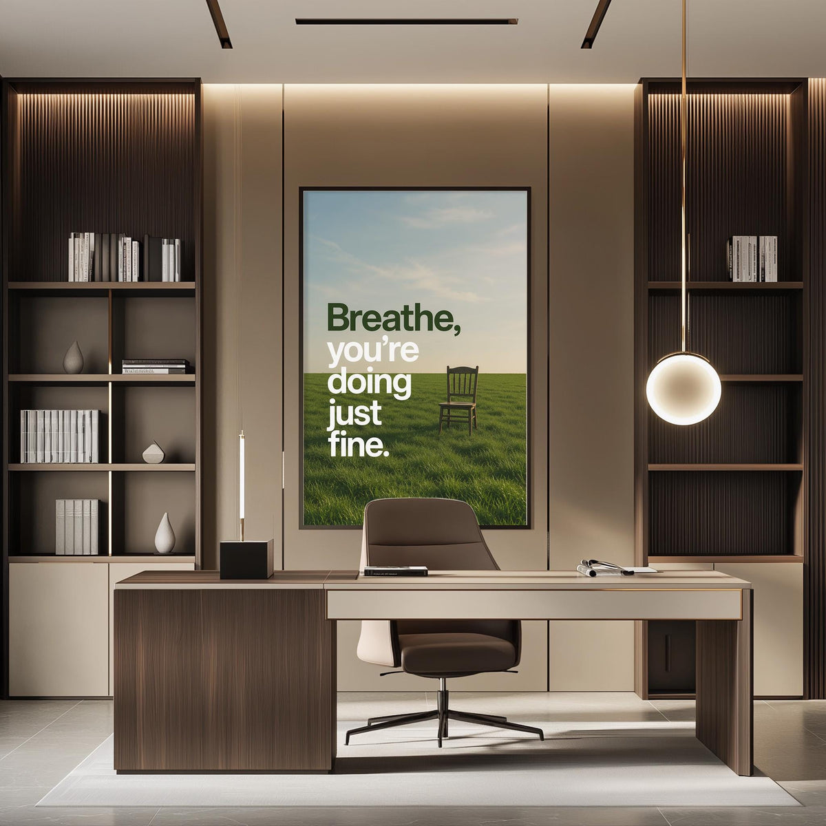 a modern office space with a desk, chair, and bookshelves. A large poster on the wall displays the text "Breathe, you're doing just fine."