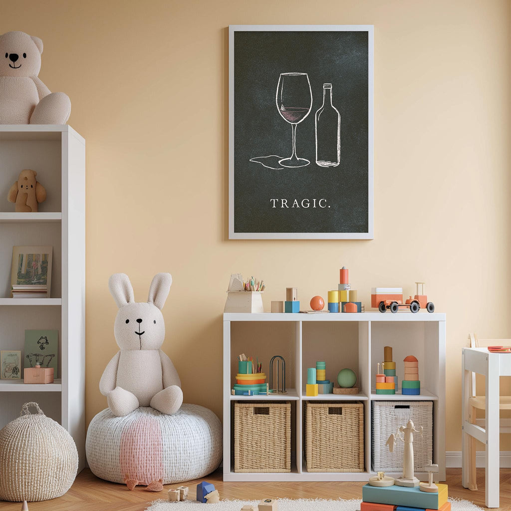 A cozy children's room with a white bookshelf, a plush rabbit, and a chalkboard with a chalk drawing of a wine glass and bottle.