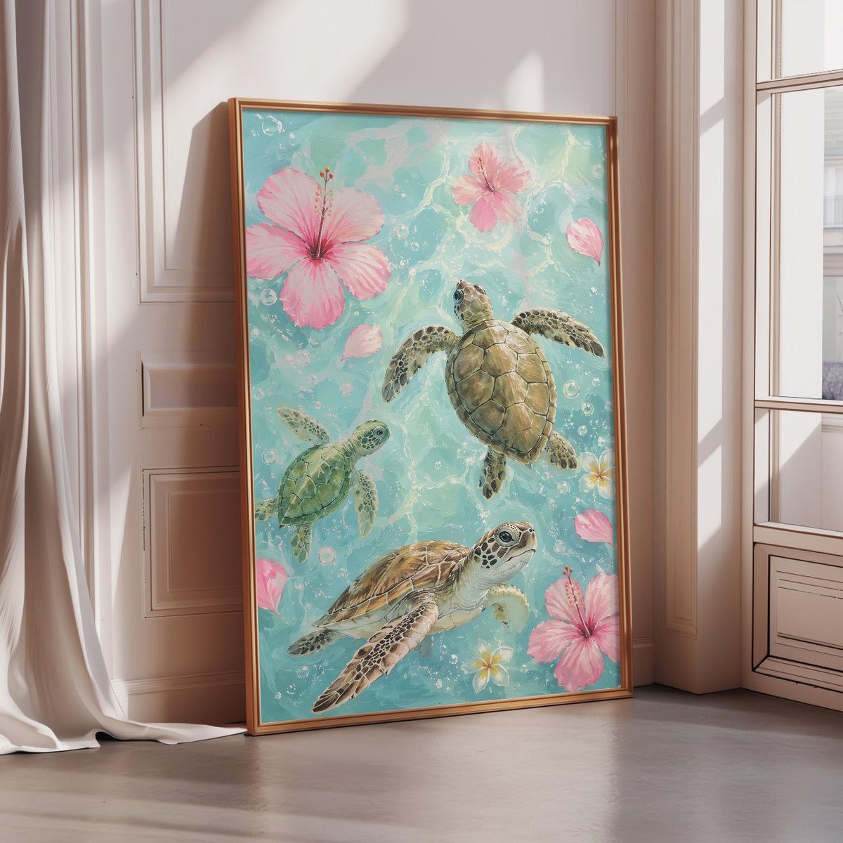 A framed painting depicting three sea turtles swimming in a blue ocean with pink flowers floating around them.