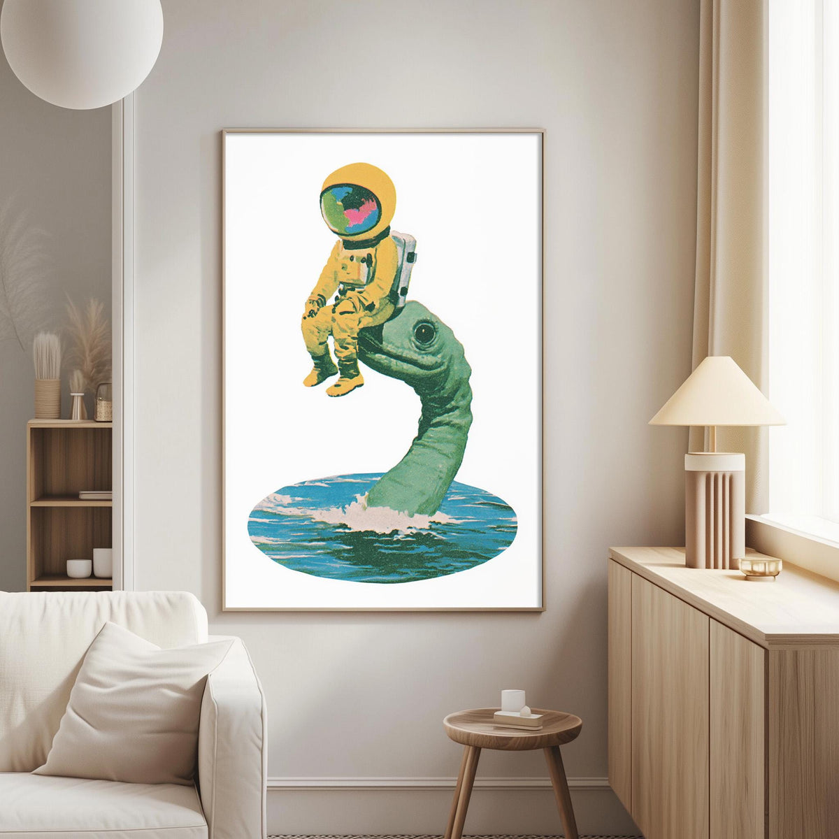 a large, colorful painting of an astronaut sitting on a green sea turtle, which is hanging on a wall in a living room.
