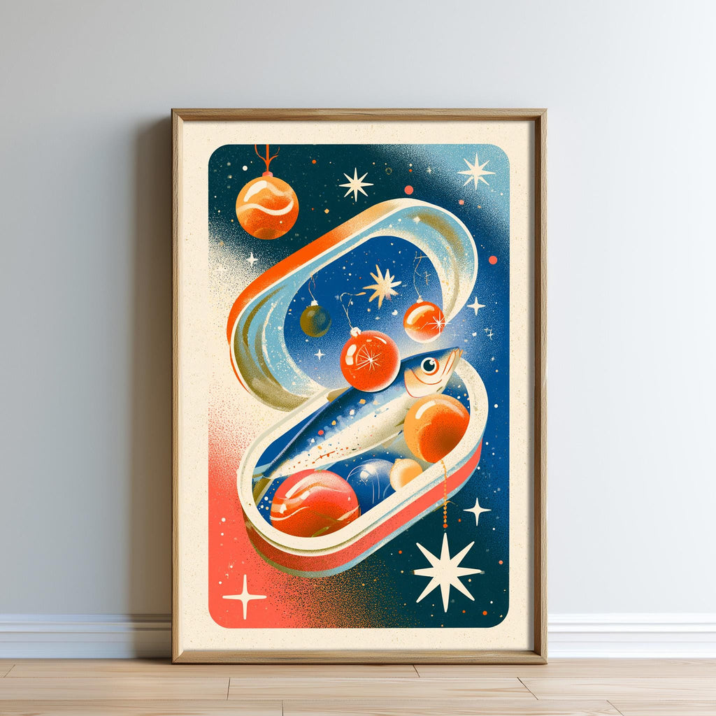 The image is a framed illustration depicting a fish inside a can, surrounded by various celestial objects such as stars, planets, and a star.