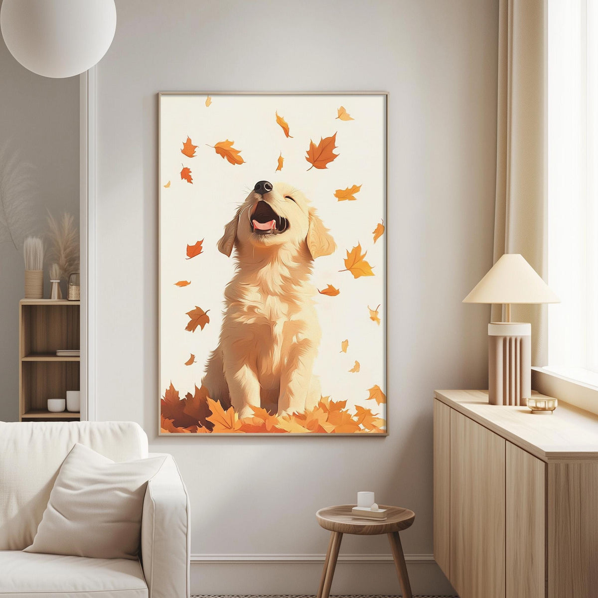 a large painting of a golden retriever dog sitting amidst falling orange leaves, creating a warm and autumnal atmosphere.