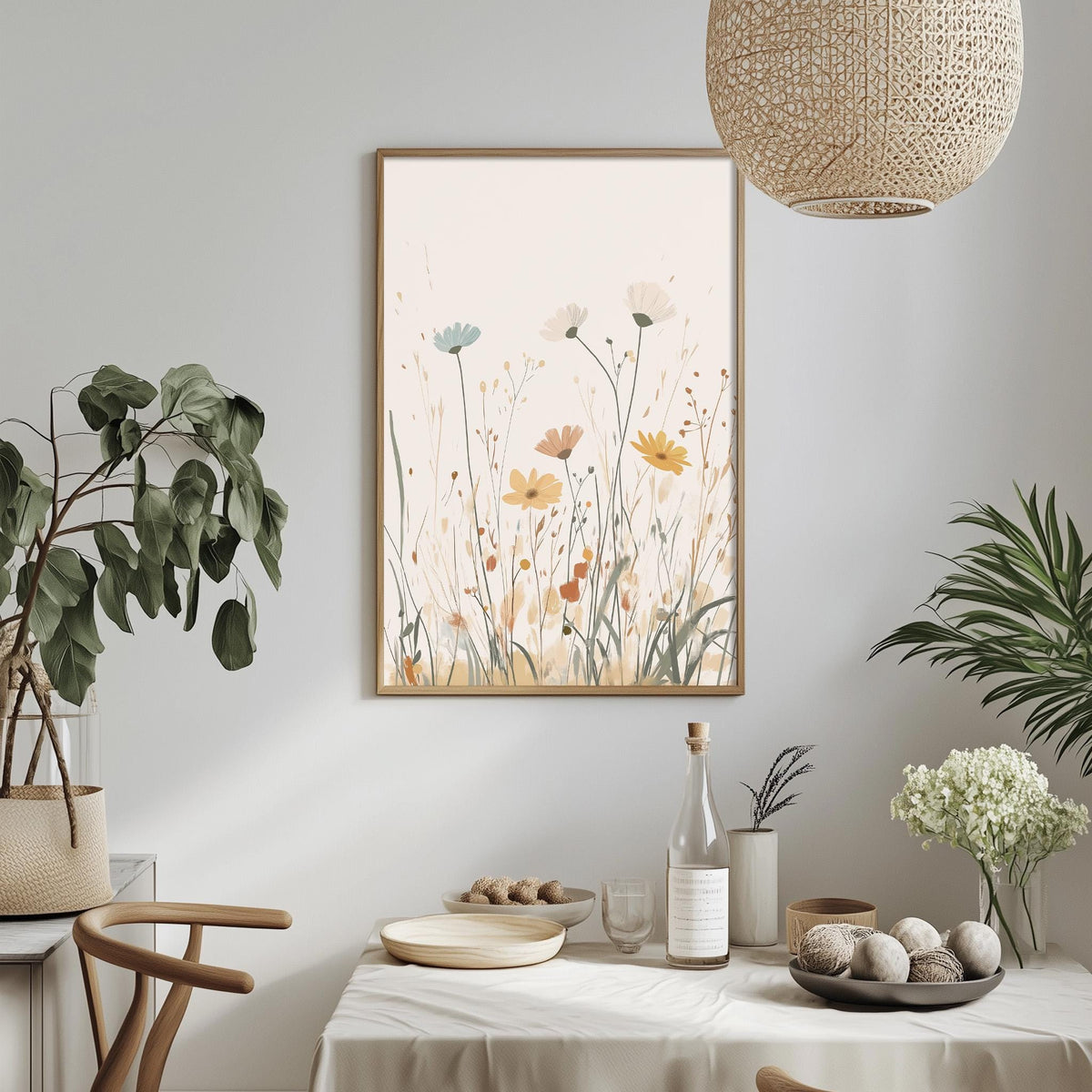 a serene and cozy dining area with a table set for a meal, featuring a vase of white flowers, a bottle of wine, and a bowl of fruit. A framed print of flowers hangs on the wall above the table, adding a touch of nature and color to the space.