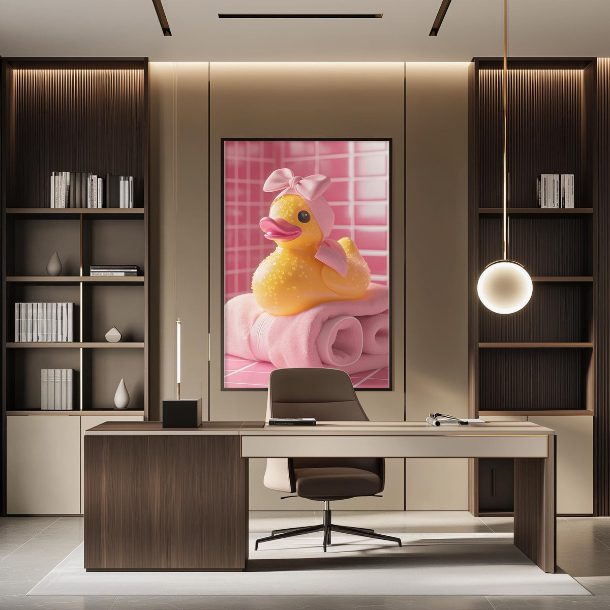 a modern office space with a large framed picture of a rubber duck on the wall. The office has a wooden desk, a chair, and a bookshelf filled with books. The overall design and decor create a professional and stylish atmosphere.