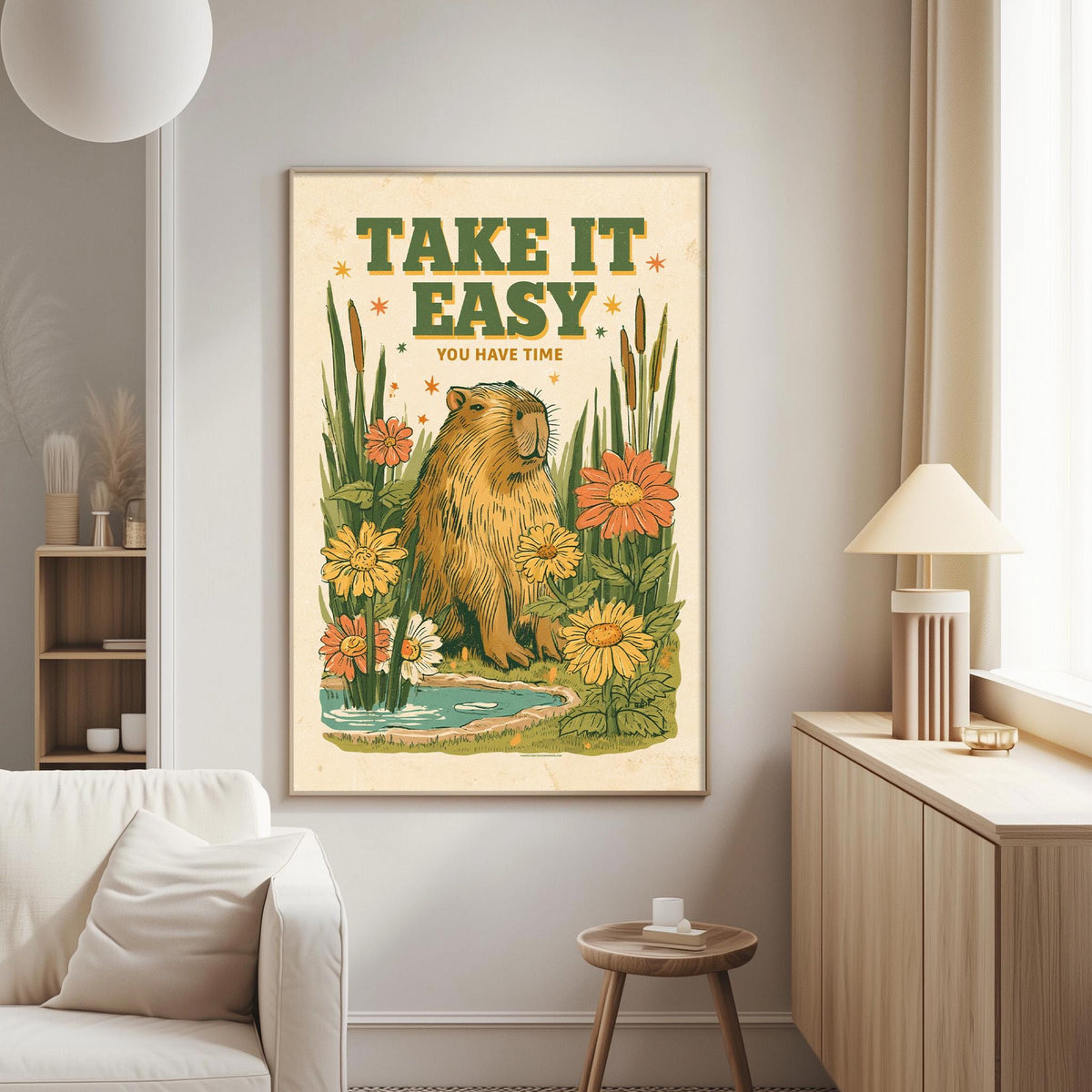 a poster with a beaver surrounded by flowers and water, hanging on a wall in a living room.