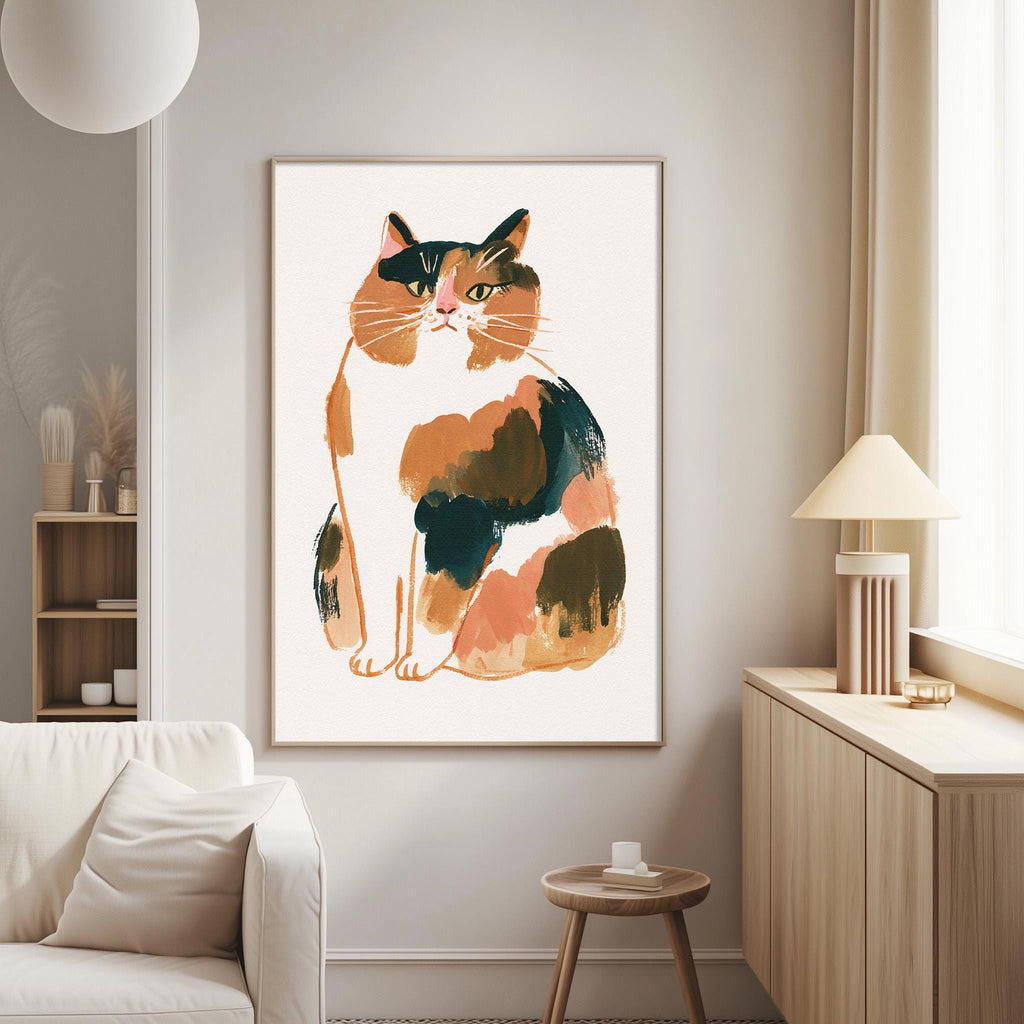 a large, colorful painting of a cat hanging on the wall of a living room.