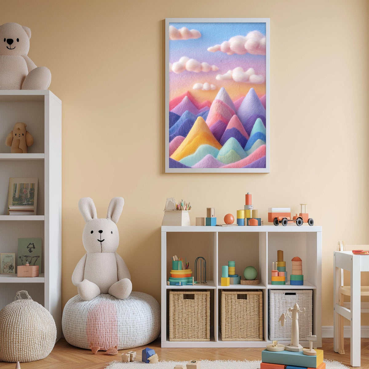 A child's bedroom with a large stuffed rabbit, a bookshelf filled with toys, and a colorful painting of mountains on the wall.