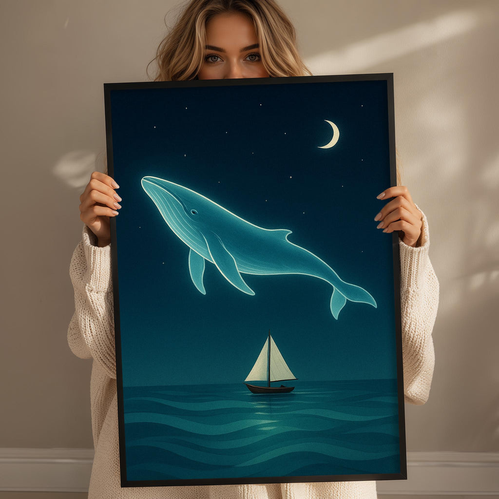A woman holds up a framed artwork depicting a whale and a sailboat on a calm ocean under a starry night sky.
