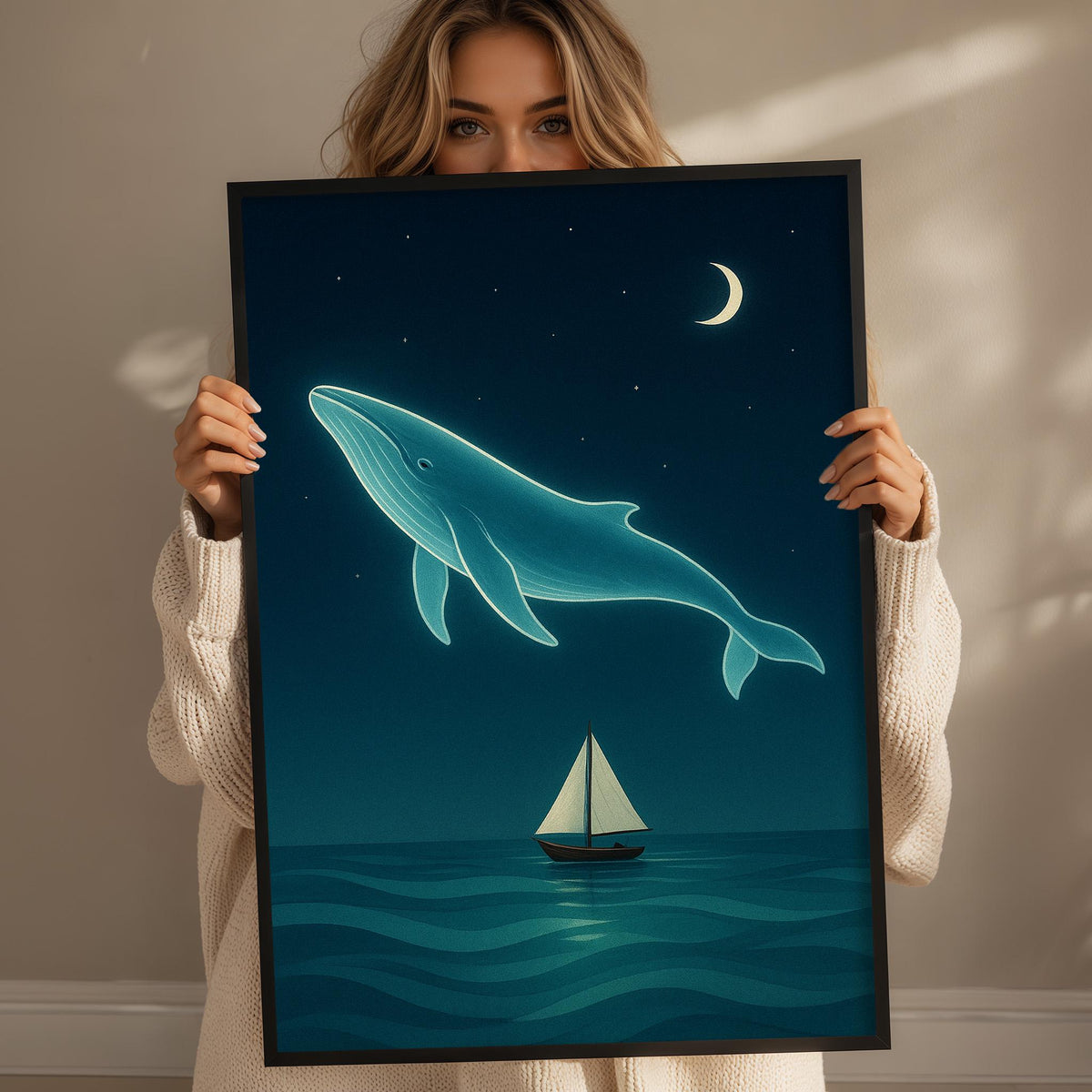 A woman holds up a framed artwork depicting a whale and a sailboat on a calm ocean under a starry night sky.