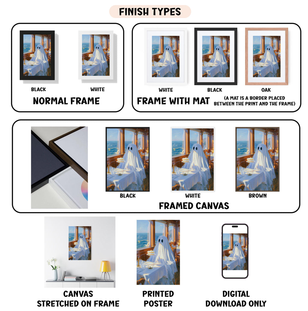 various finish types for framed artwork, including black, white, black, oak, white, white, black, white, black, white, black, white, brown, framed canvas, stretched canvas, printed poster, and digital download only.