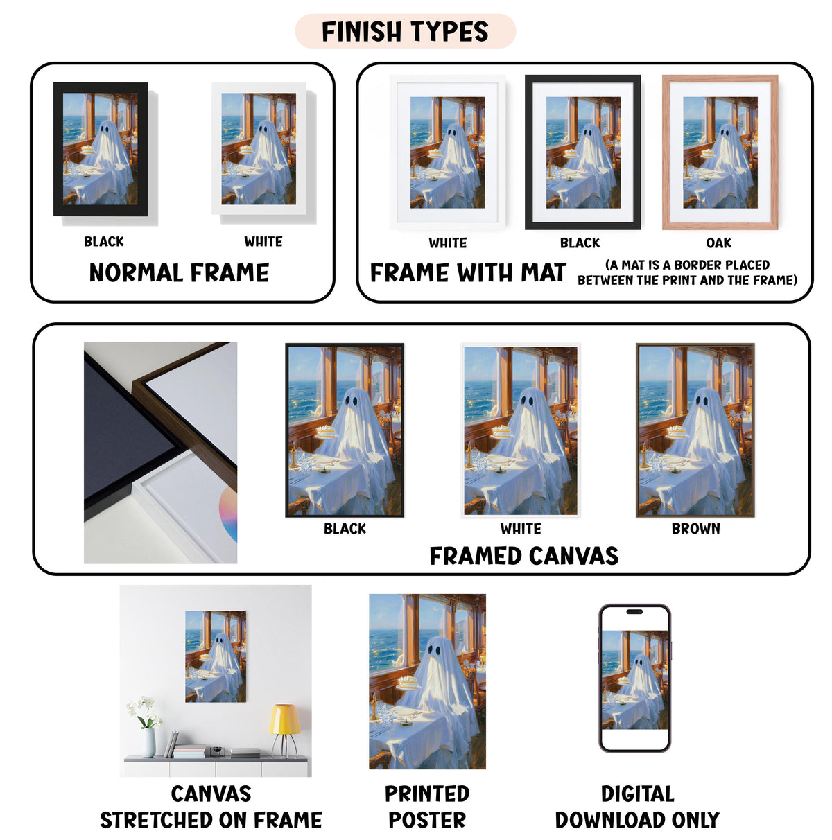 various finish types for framed artwork, including black, white, black, oak, white, white, black, white, black, white, black, white, brown, framed canvas, stretched canvas, printed poster, and digital download only.