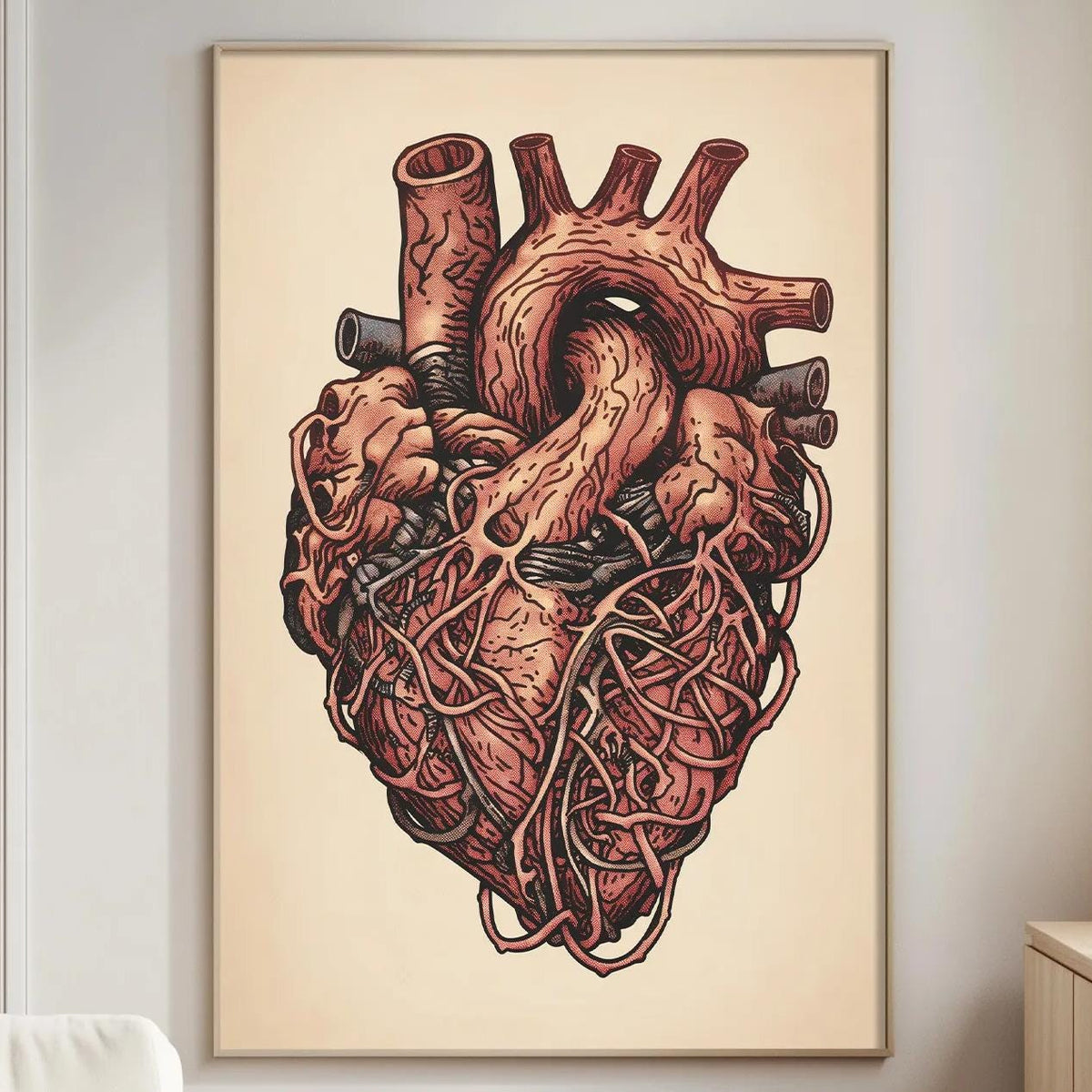 a large, detailed illustration of a human heart on the wall of a living room.
