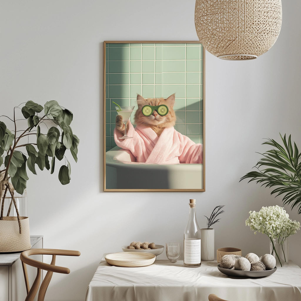 a cat wearing a pink robe and sunglasses, sitting in a bathtub, holding a drink, and surrounded by potted plants and a dining table with various items on it.