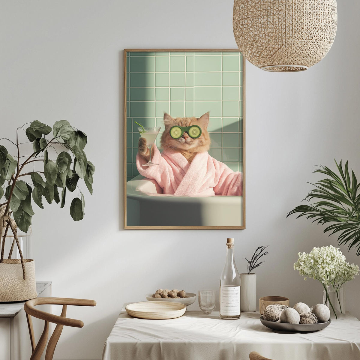 a cat wearing a pink robe and sunglasses, sitting in a bathtub, holding a drink, and surrounded by potted plants and a dining table with various items on it.