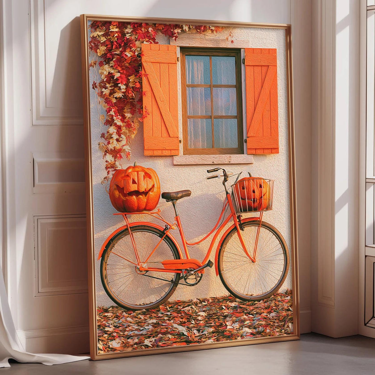 A framed image depicting a bicycle with a pumpkin on the back, set against a backdrop of orange shutters and a window with a green frame.