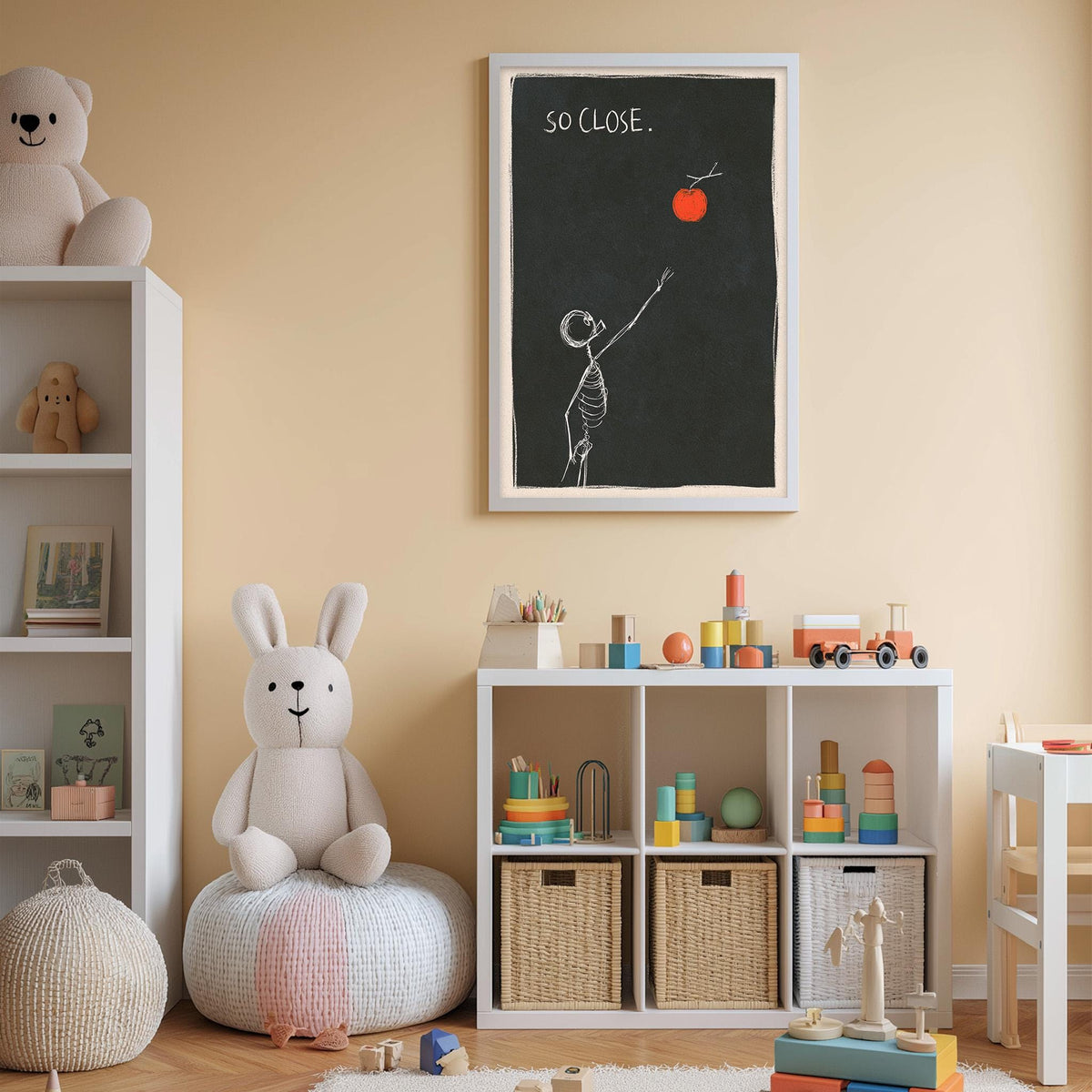 A cozy children's room with a white bookshelf, a stuffed rabbit, and a toy train. The room has a warm, inviting atmosphere with a chalkboard and a poster on the wall.