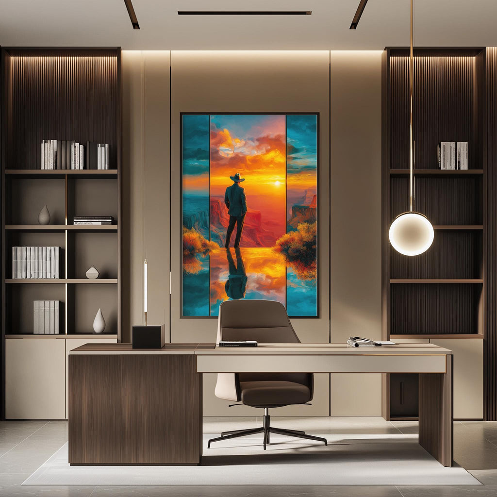 a modern office space with a large, colorful painting of a person standing in front of a sunset on the wall. The office has a wooden desk, a chair, and a bookshelf filled with books. The overall design and decor create a contemporary and stylish atmosphere.
