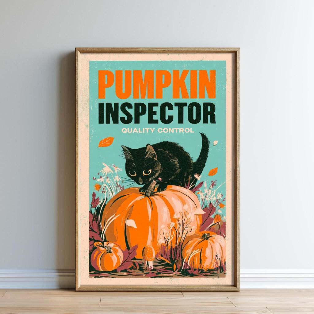 The image is a framed poster featuring a black cat sitting on top of a large pumpkin surrounded by smaller pumpkins and autumn leaves.