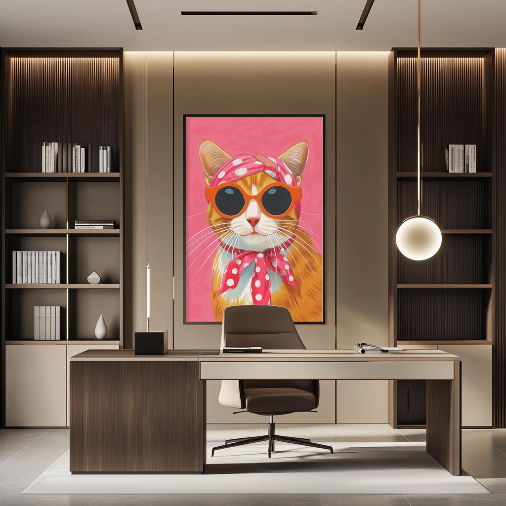 a modern office space with a large framed picture of a cat wearing sunglasses as the focal point. The cat is wearing a pink bandana and has a pair of sunglasses on its face. The office has a wooden desk and chair, and there are bookshelves on either side of the desk. The overall design of the space is contemporary and stylish.