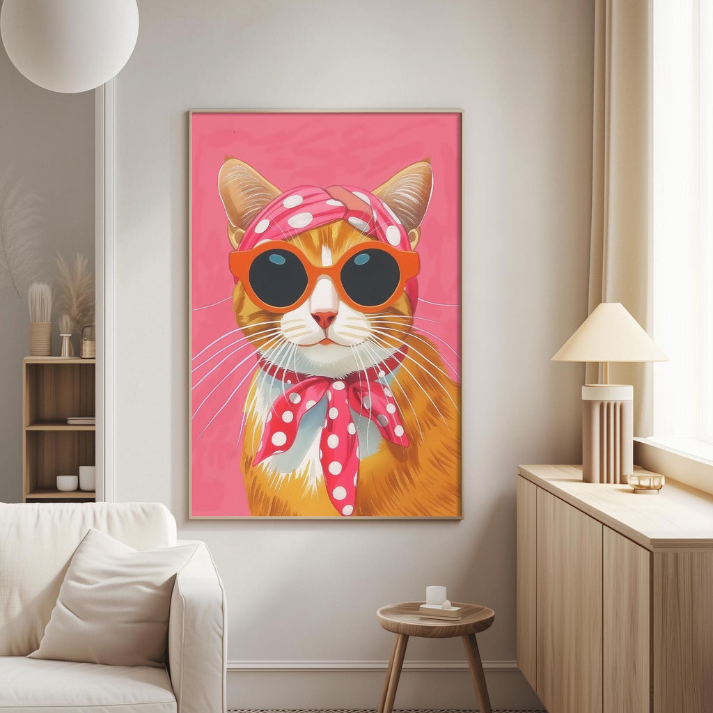 a large, colorful painting of a cat wearing sunglasses and a red bow tie, hanging on a wall in a living room.