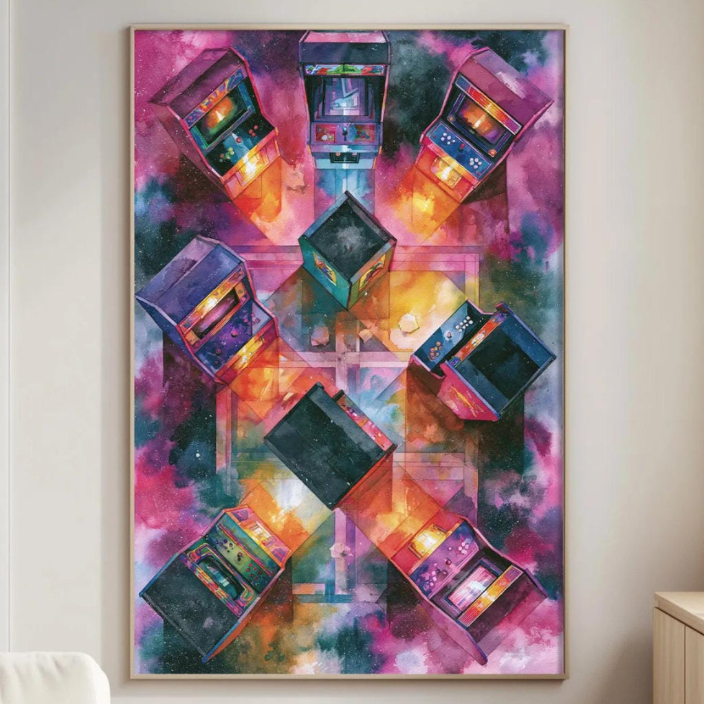 a vibrant, colorful painting of arcade cabinets on a wall in a living room.