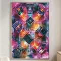 a vibrant, colorful painting of arcade cabinets on a wall in a living room.