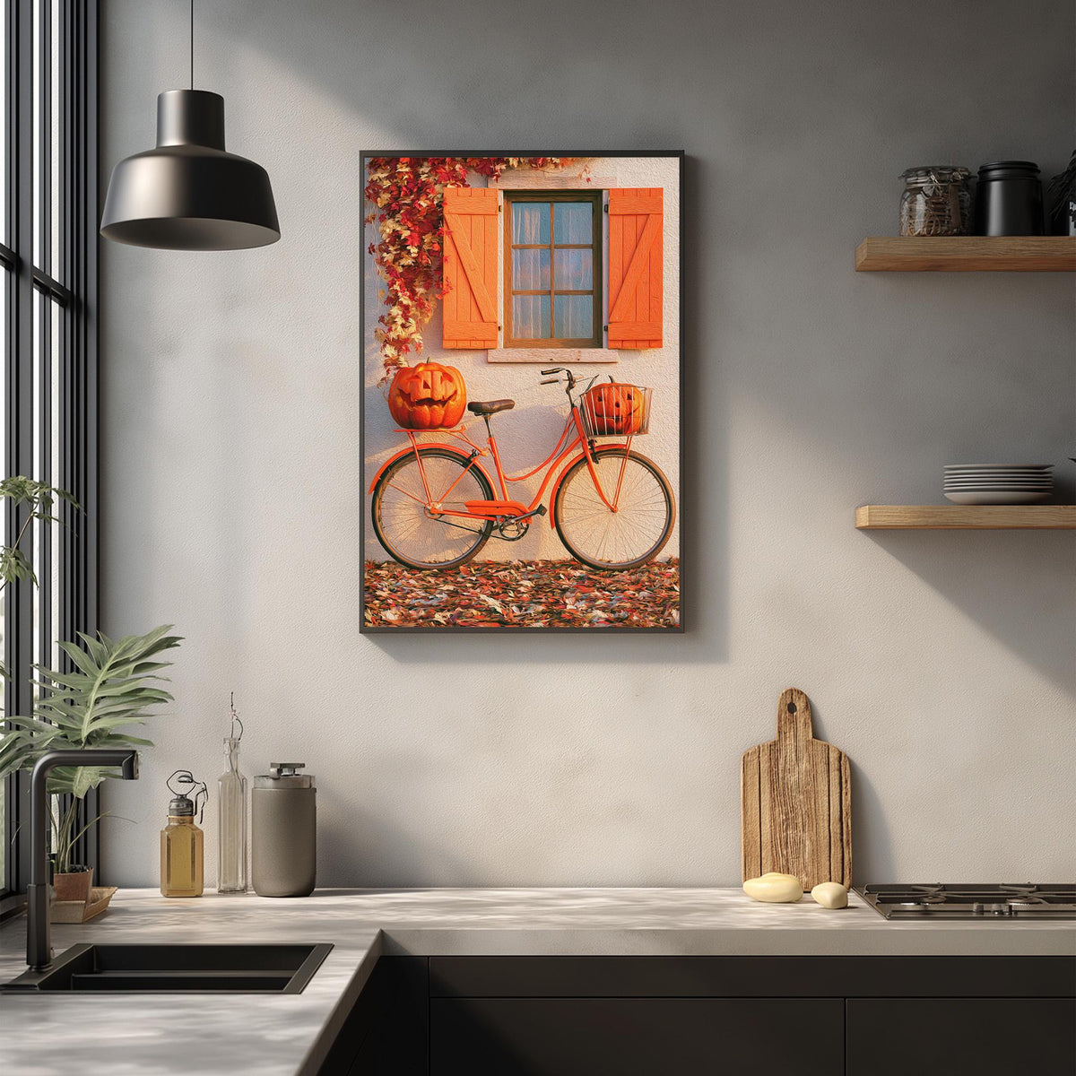 a kitchen scene with a bicycle, pumpkins, and a wooden cutting board on the countertop.