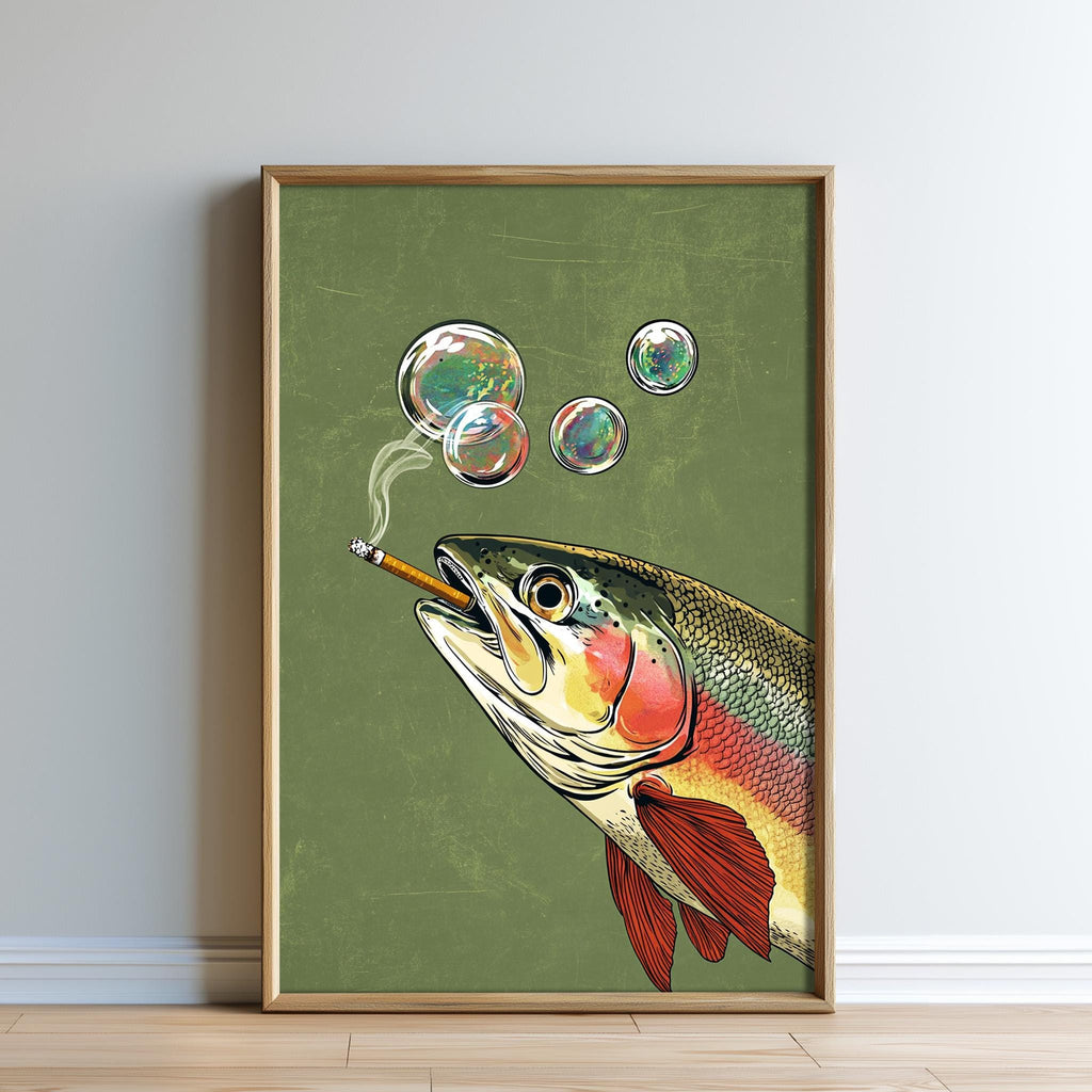The image is a framed artwork depicting a fish smoking a cigarette, surrounded by bubbles.