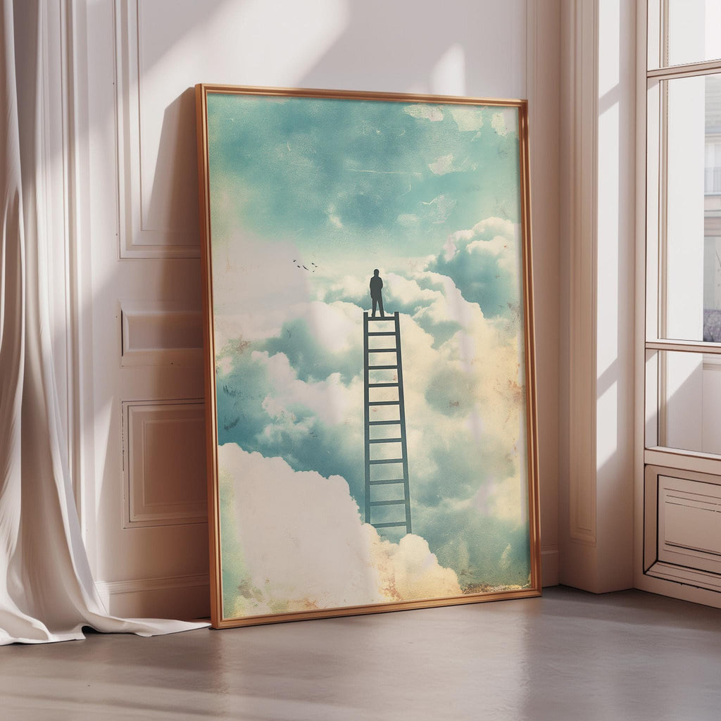 a person standing on a ladder, looking up at the sky, which is filled with clouds.