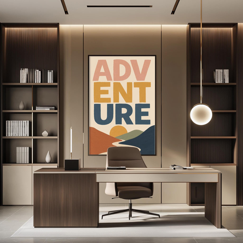 a modern office space with a large poster on the wall that says "ADVENTURE". The office has a wooden desk, a chair, and a bookshelf. The overall design and decor of the space create a professional and creative atmosphere.