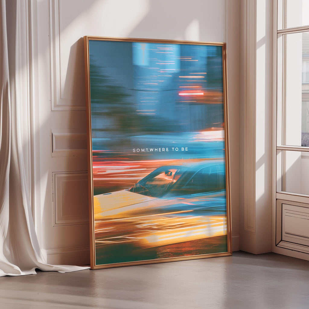 a large, framed poster with a vibrant, colorful abstract design depicting a car in motion.