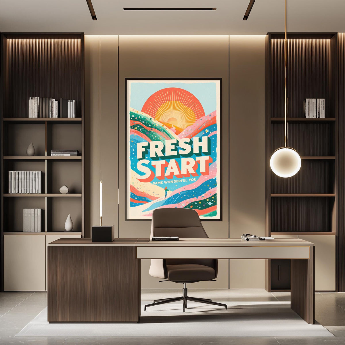 a modern office space with a large, colorful poster on the wall that says "FRESH START" in bold letters. The office has a wooden desk and chair, and there are bookshelves on either side of the desk. The overall design and decor create a professional and vibrant atmosphere.