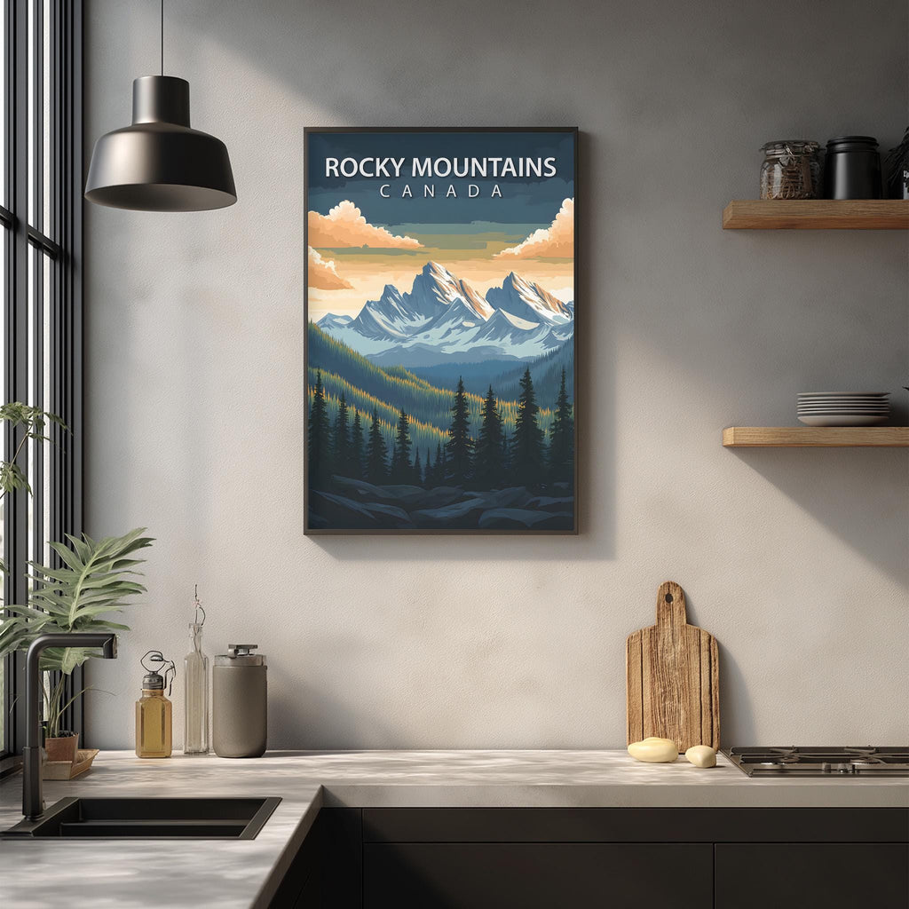 a kitchen counter with a framed poster of Rocky Mountains Canada hanging on the wall above it.