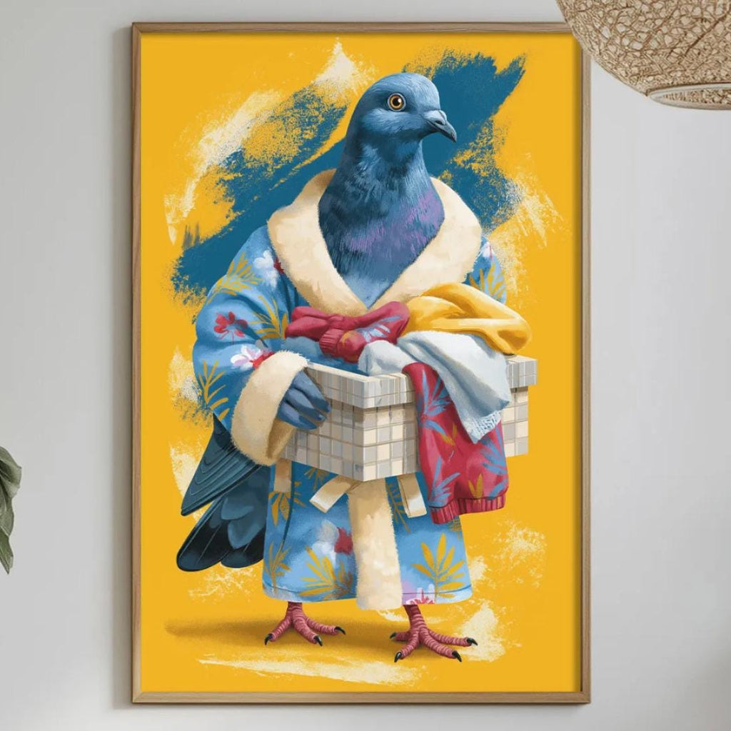 a vibrant painting of a blue bird dressed in a colorful robe, holding a box, and standing on a yellow background. The painting is hung on a wall above a dining table, which is set with various items such as a bowl, a bottle, and a vase. The table is surrounded by chairs, and there are potted plants and other decorative elements in the room, creating a lively and inviting atmosphere.