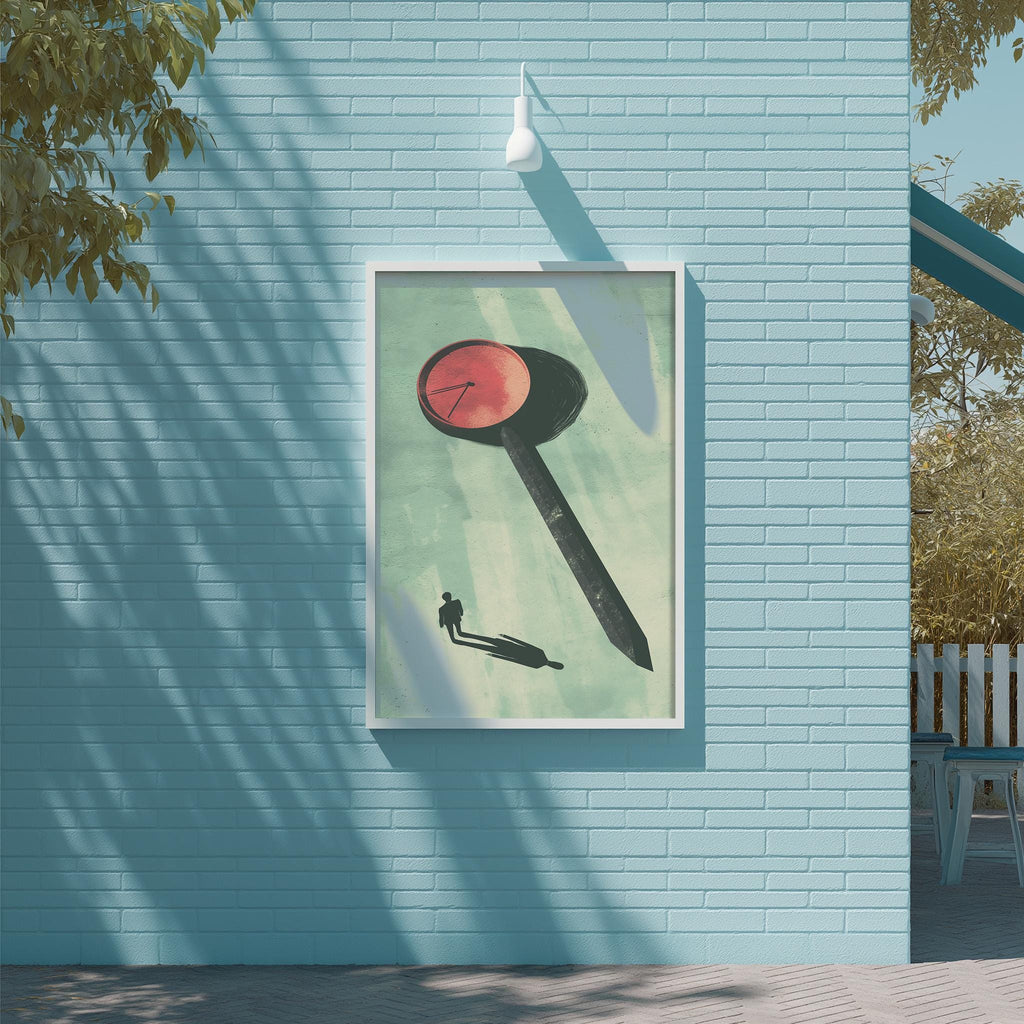 a framed artwork of a man's shadow on a blue brick wall, with a red clock face in the background.