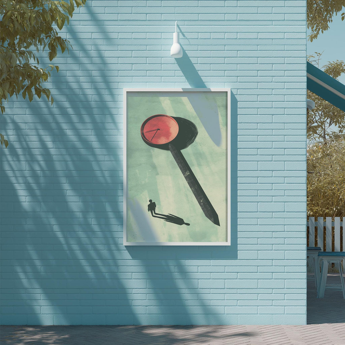 a framed artwork of a man's shadow on a blue brick wall, with a red clock face in the background.