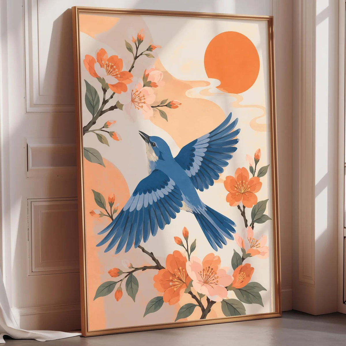 A framed illustration of a blue bird in flight, surrounded by orange flowers and a large orange sun in the background.