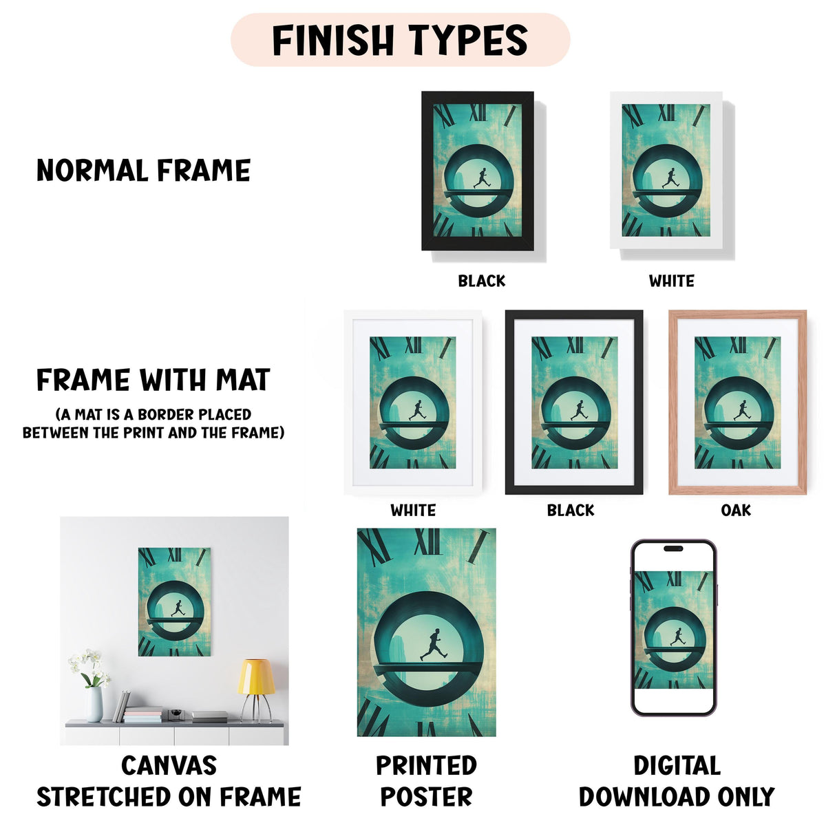 various types of artwork, including a clock with a person, framed artworks, and a canvas stretched on a frame. The artwork is presented in different frame colors and styles, such as a normal frame, a black frame, a white frame, and a black frame. The artwork is also described as a frame with a mat, a white frame, a black frame, and an oak frame. The artwork is presented in different formats, such as a canvas stretched on a frame, a printed poster, and a digital download only.