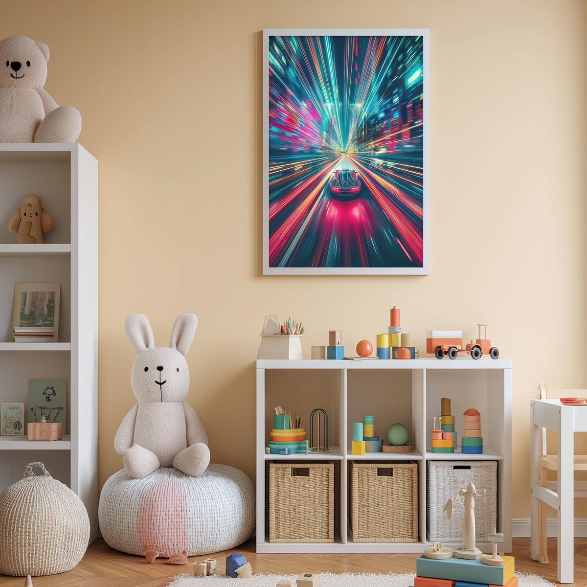 A child's bedroom with a white bookshelf, a stuffed rabbit, and a colorful abstract painting on the wall.