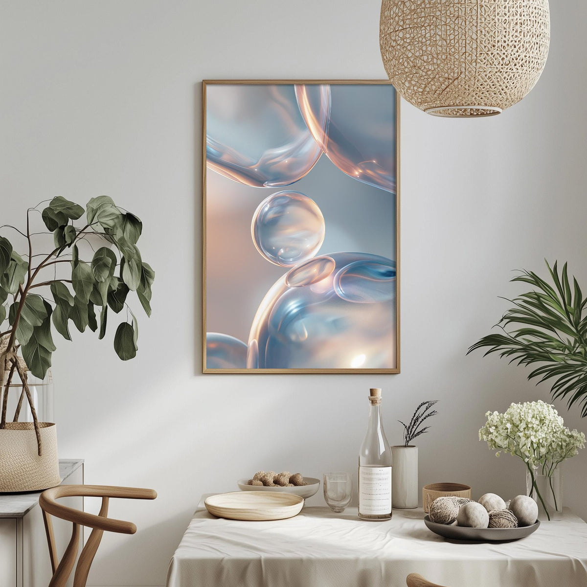 a modern and minimalist dining room with a white tablecloth, a bowl of fruit, a bottle, and a plant. A framed picture of bubbles is hanging on the wall above the table.