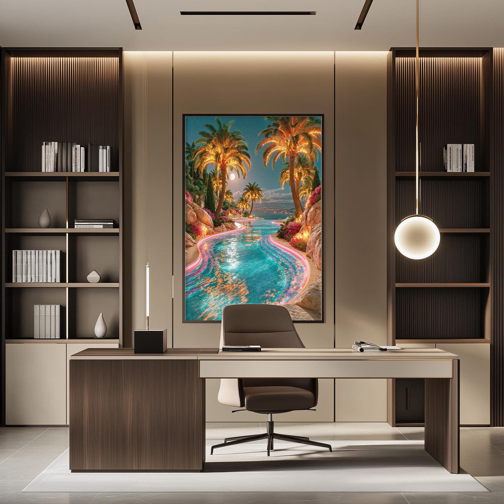 a modern office space with a large, colorful painting of a tropical beach scene hanging on the wall. The painting features palm trees, a winding river, and a moonlit sky, creating a serene and relaxing atmosphere. The office has a wooden desk and chair, and a bookshelf filled with books and decorative items. The overall design and decor suggest a well-organized and visually appealing workspace.