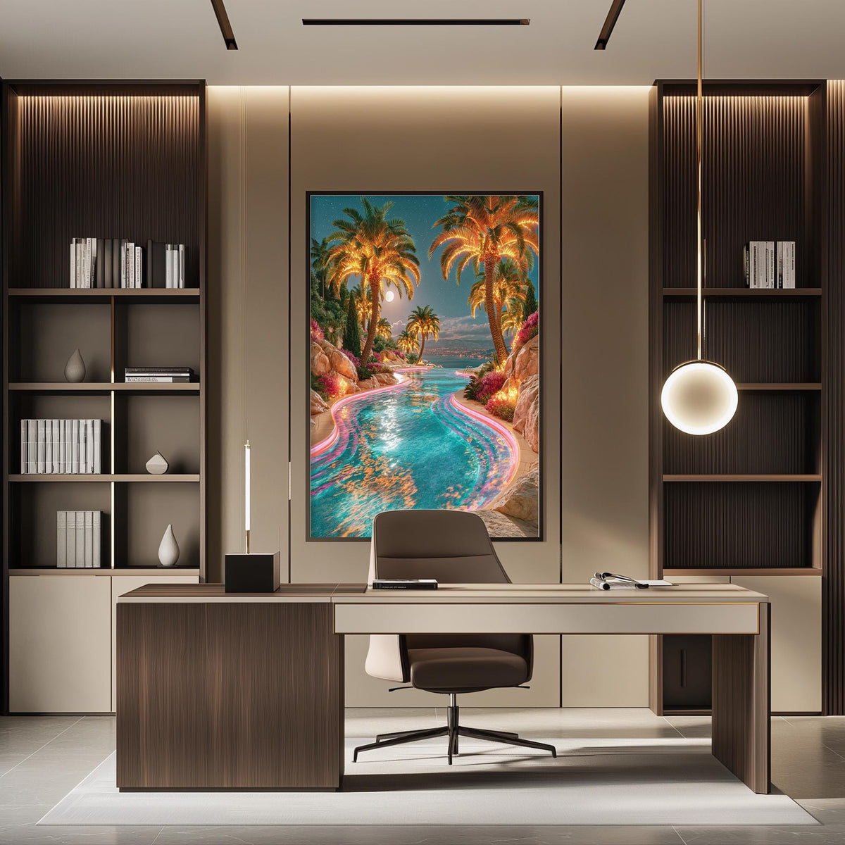 a modern office space with a large, colorful painting of a tropical beach scene hanging on the wall. The painting features palm trees, a winding river, and a moonlit sky, creating a serene and relaxing atmosphere. The office has a wooden desk and chair, and a bookshelf filled with books and decorative items. The overall design and decor suggest a well-organized and visually appealing workspace.