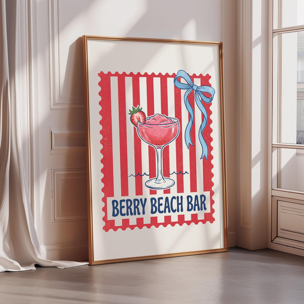 A framed poster advertising a "Berry Beach Bar" with a red and white striped background, a blue ribbon, and a glass of berry-based drink.