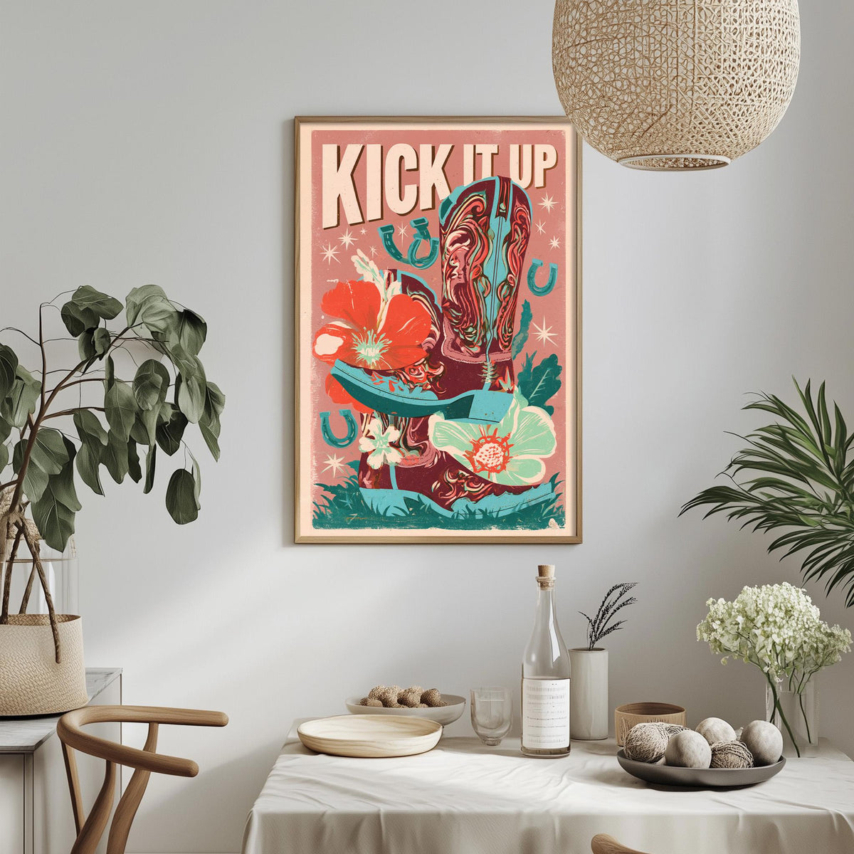 a framed poster with a vibrant design hanging on a wall, surrounded by various decorative elements such as potted plants, vases, and a dining table.