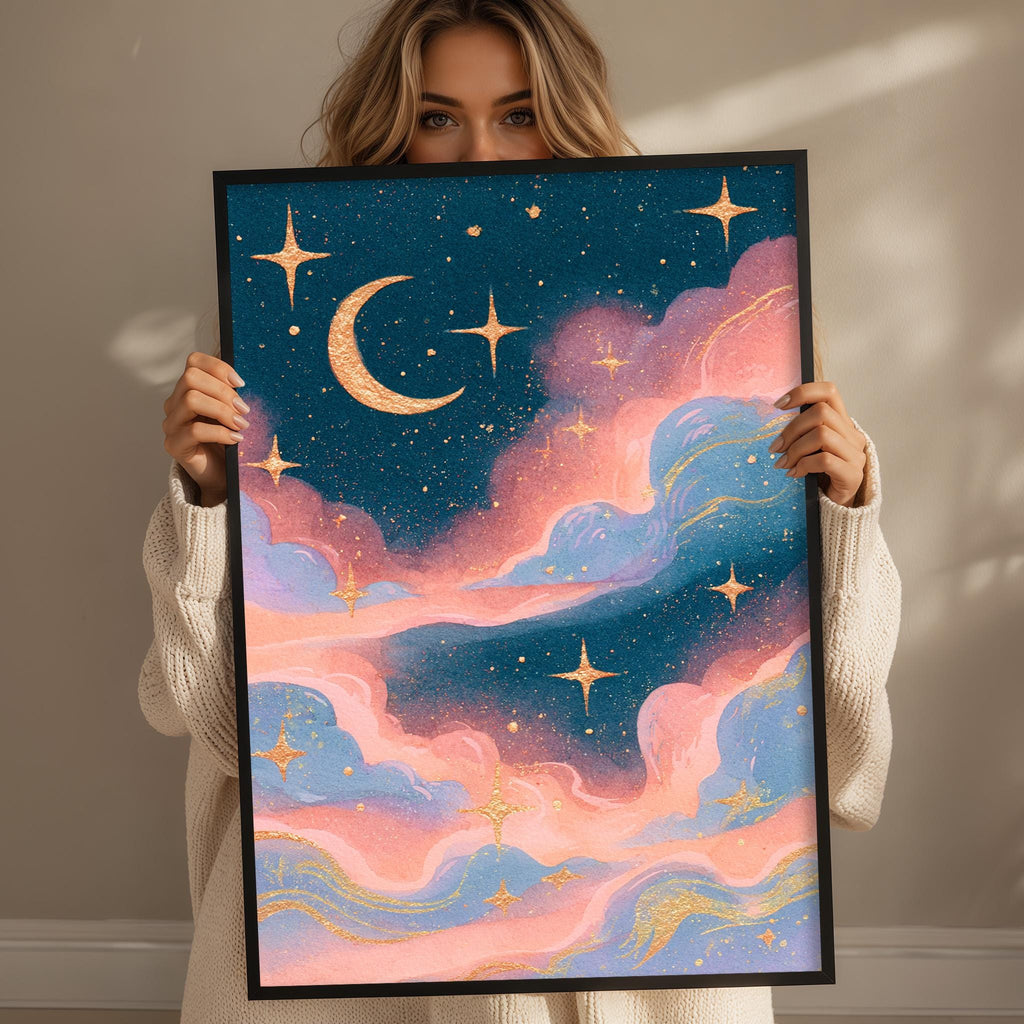 A woman holds up a framed painting depicting a night sky with a crescent moon, stars, and clouds in shades of blue, pink, and gold.