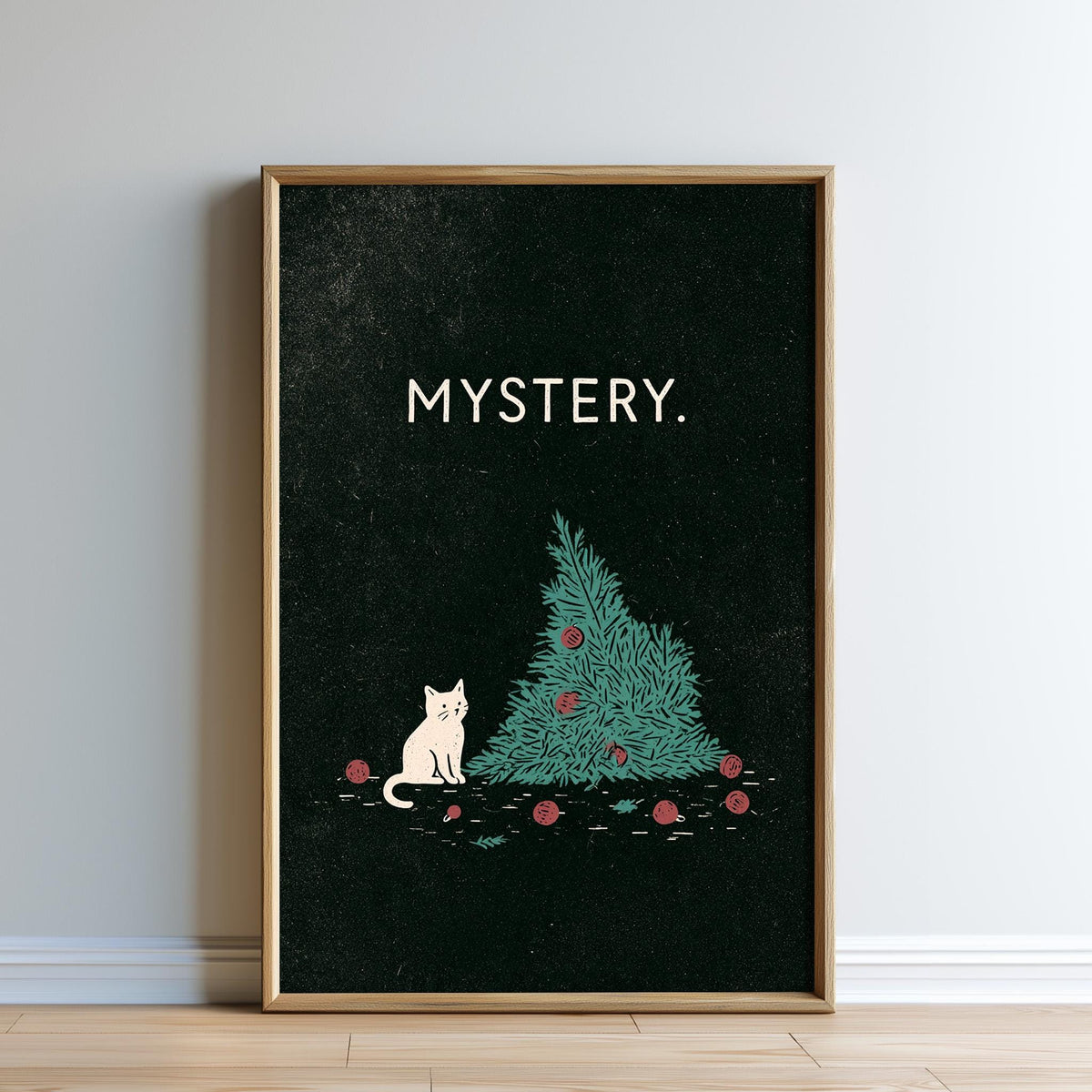 The image is a framed poster with a cat sitting on a Christmas tree, surrounded by red ornaments.