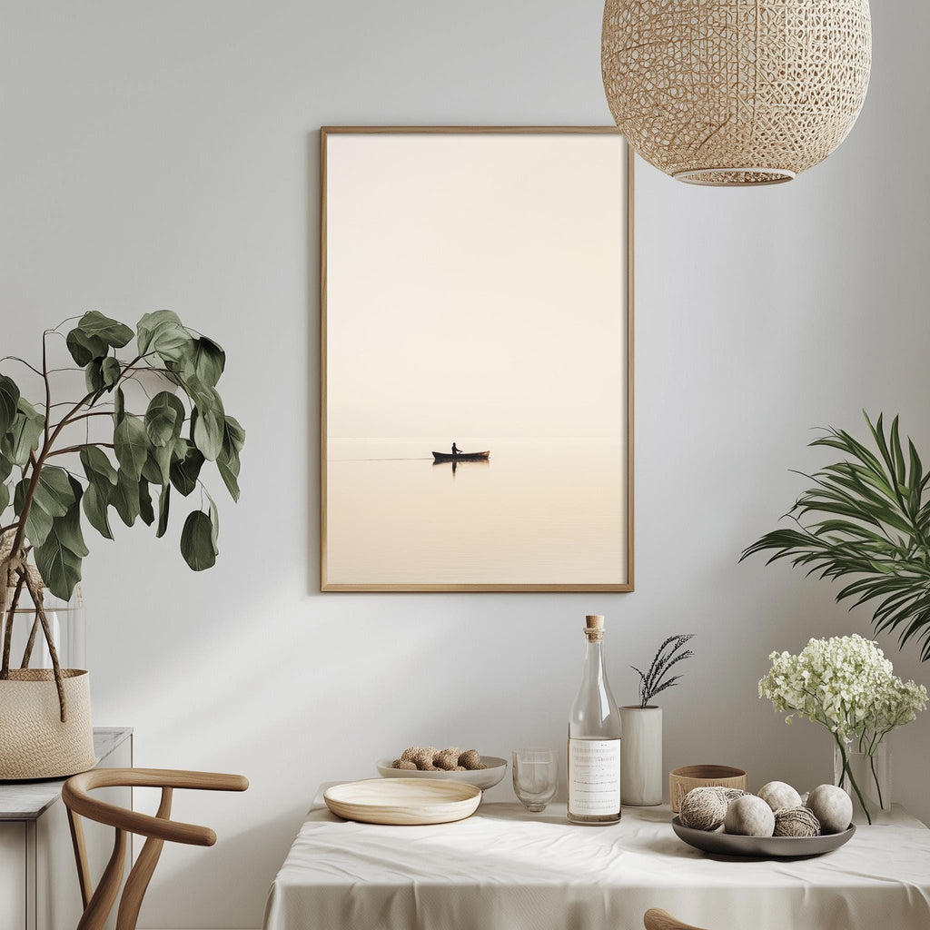 a serene indoor setting with a framed picture of a boat on a calm body of water hanging on the wall. The table is set with a white tablecloth, and there are various decorative elements such as potted plants, vases, and bowls.